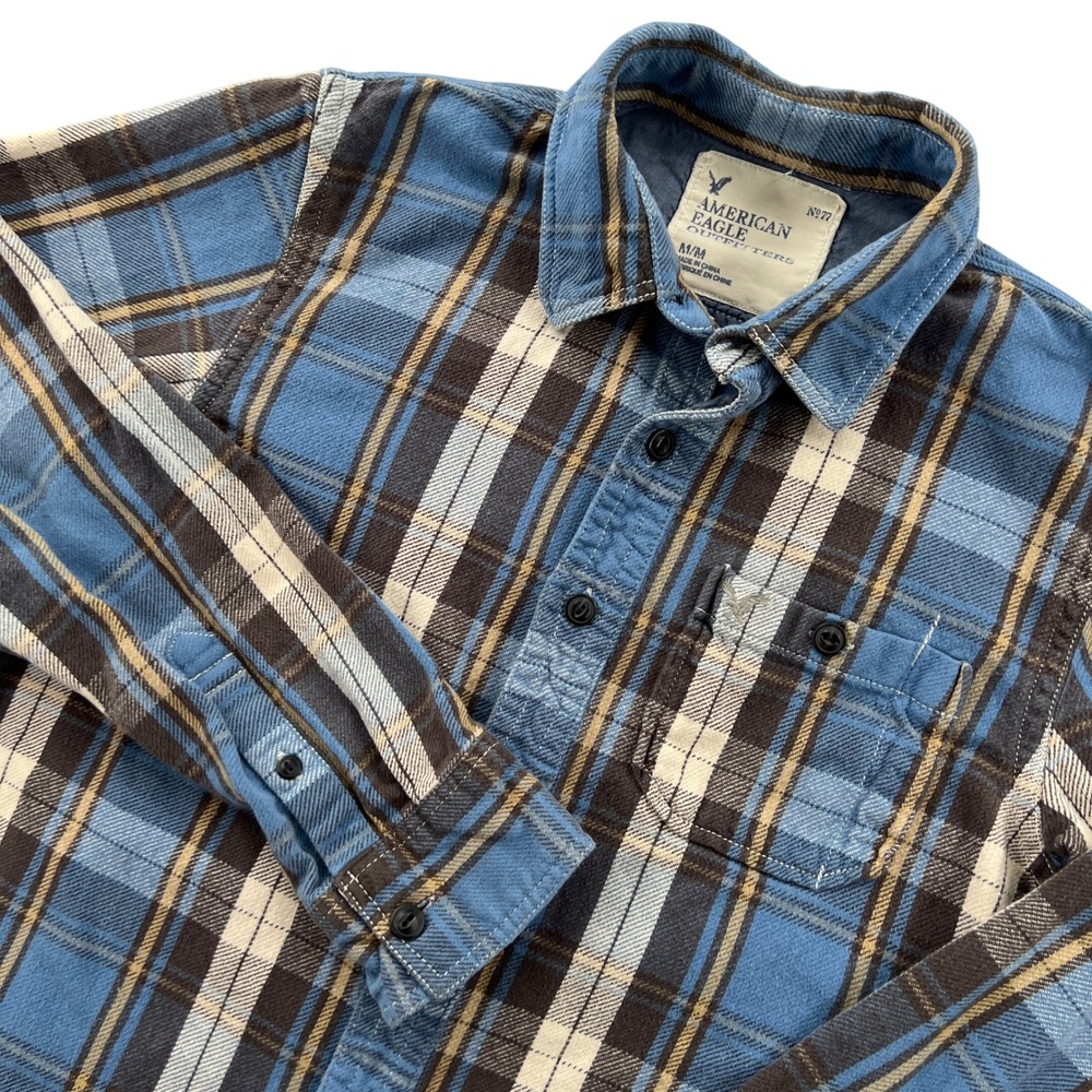 Y2K American Eagle Flannel Shirt Men M Blue Plaid Long Sleeve Cotton Casual GORP